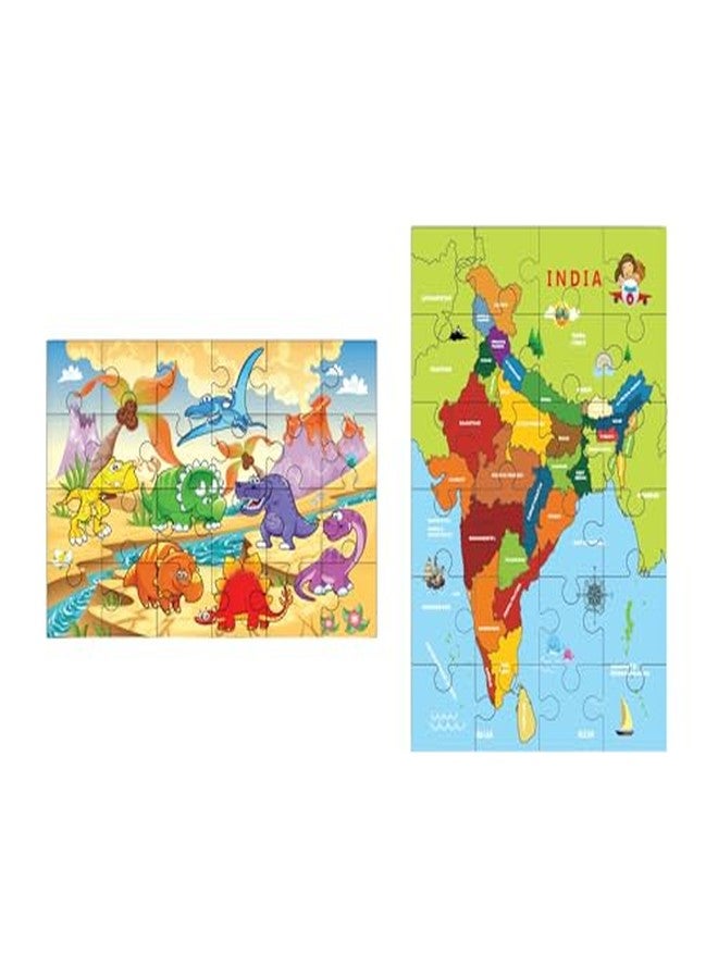 Khilonewale Combo of Wooden Dinosaur & India Map Jigsaw Puzzles for Kids - 24-Piece Educational Puzzle Toys for Toddlers & Preschoolers, Enhances Cognitive Skills & Geography Learning - Image 1
